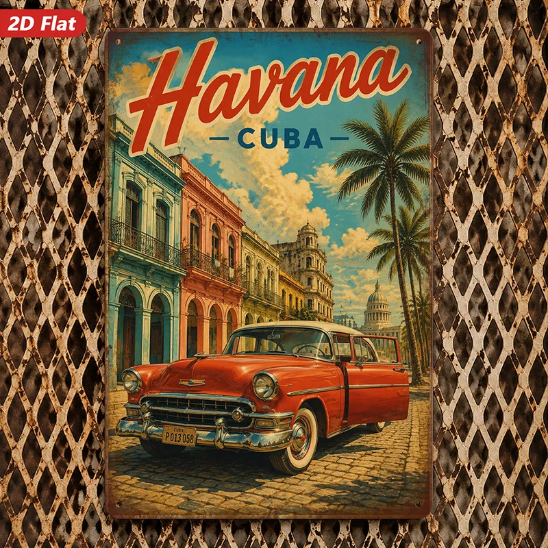 2D Flat, 1pc Metal Sign Wall Art, Havana Cuba Themed Home Decor, Vintage Car Art, Tropical Architecture Design, for Living Room,