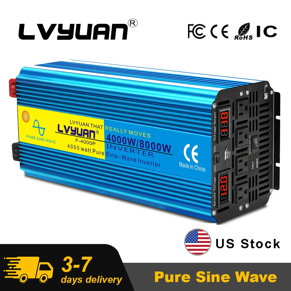 LVYUAN 2500W/3500W/4000W Pure Sine Wave Inverter DC12V 24V to AC110V 120V 60Hz Remote Control Power Converter Professional Solar System Inverter for