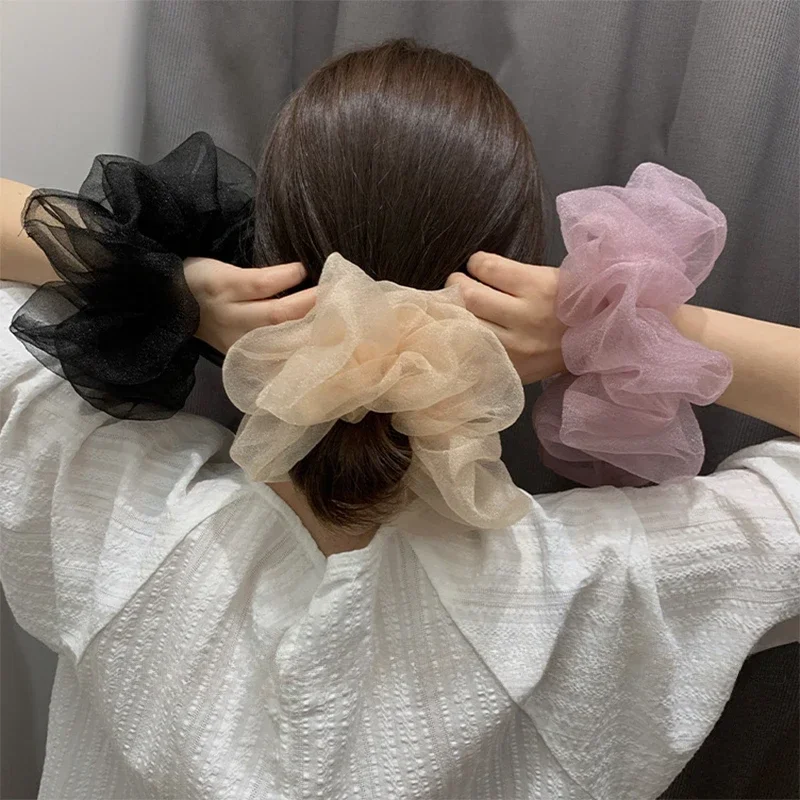 

2024 Summer Organza Scrunchies Women Elastic Hair Band Korean Elegant Ponytail Holder Rubber Tie Band Hair Accessories Wholesale