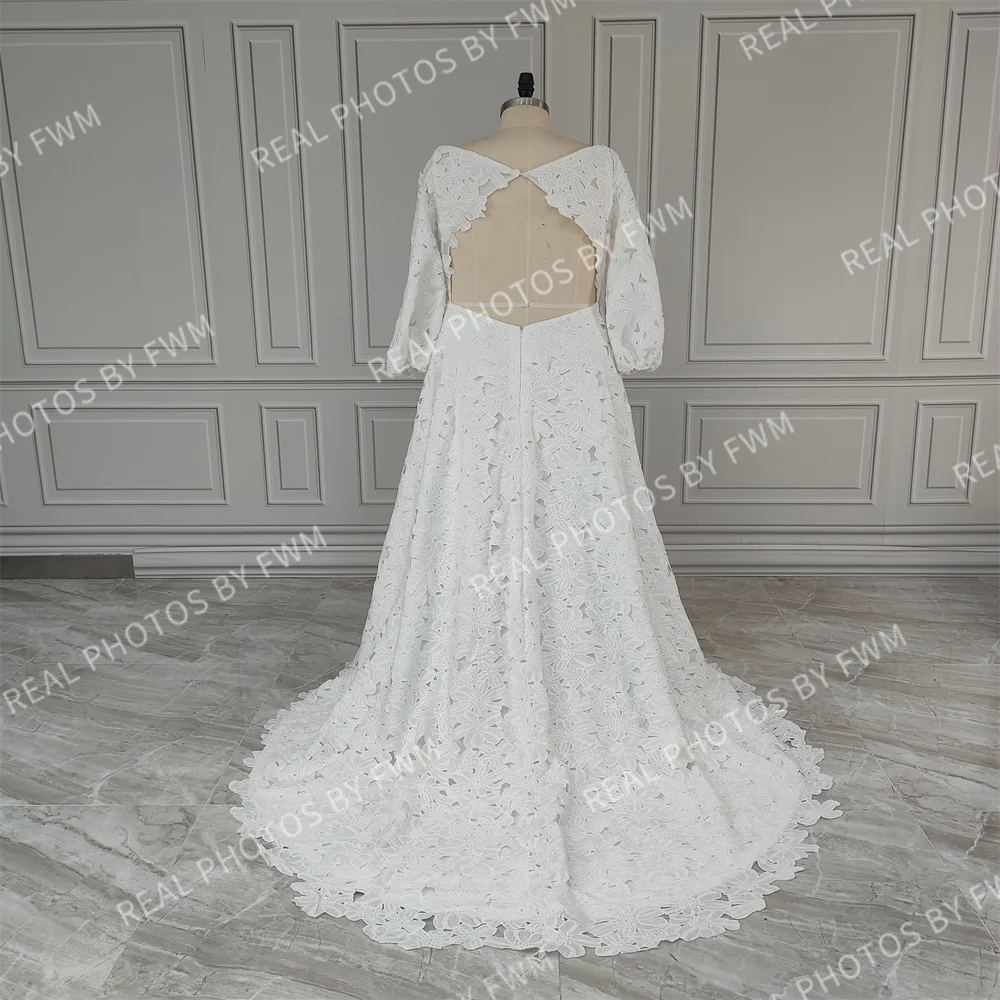 15043 #   Personalizado requintado gola quadrada mangas compridas inchadas a linha vestido de casamento renda vestido de noiva para mulher novia