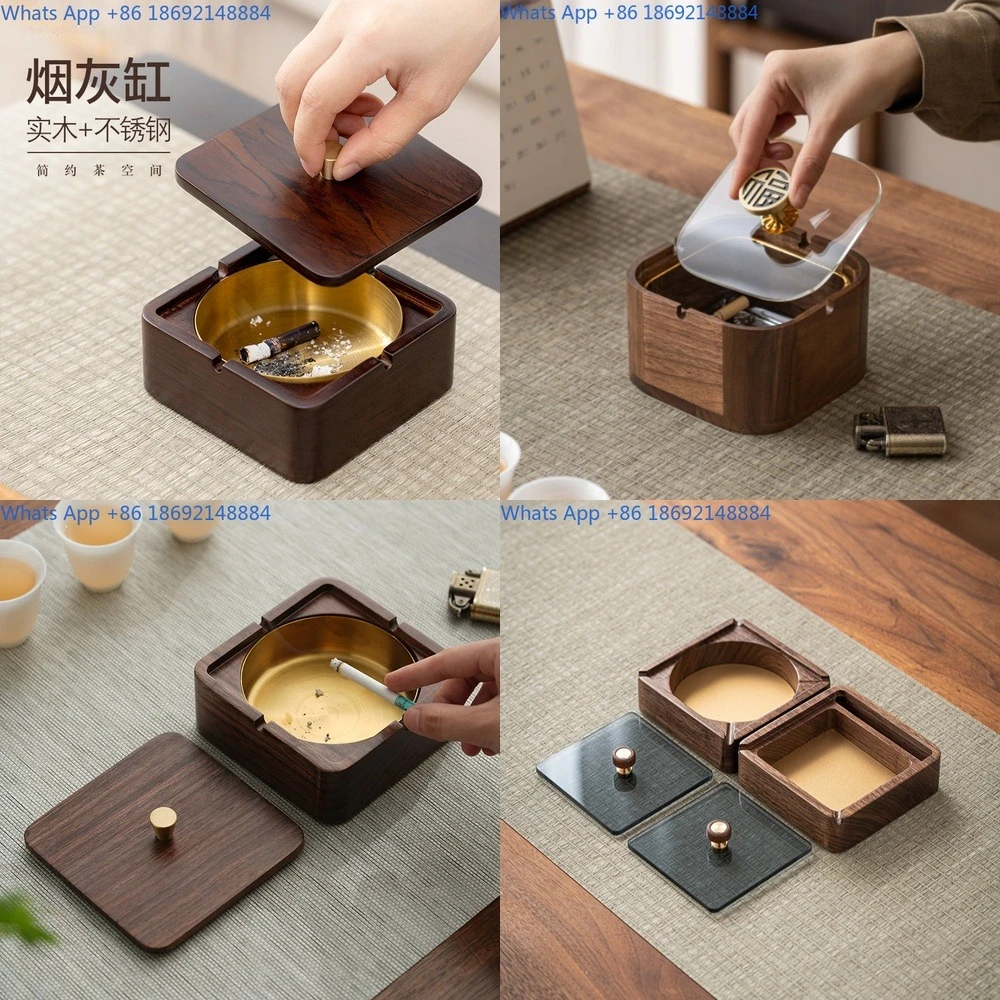 

Walnut Wood Ashtray with Lid Stainless Steel Inner for Home Living Room Office Use Creative Design High Quality