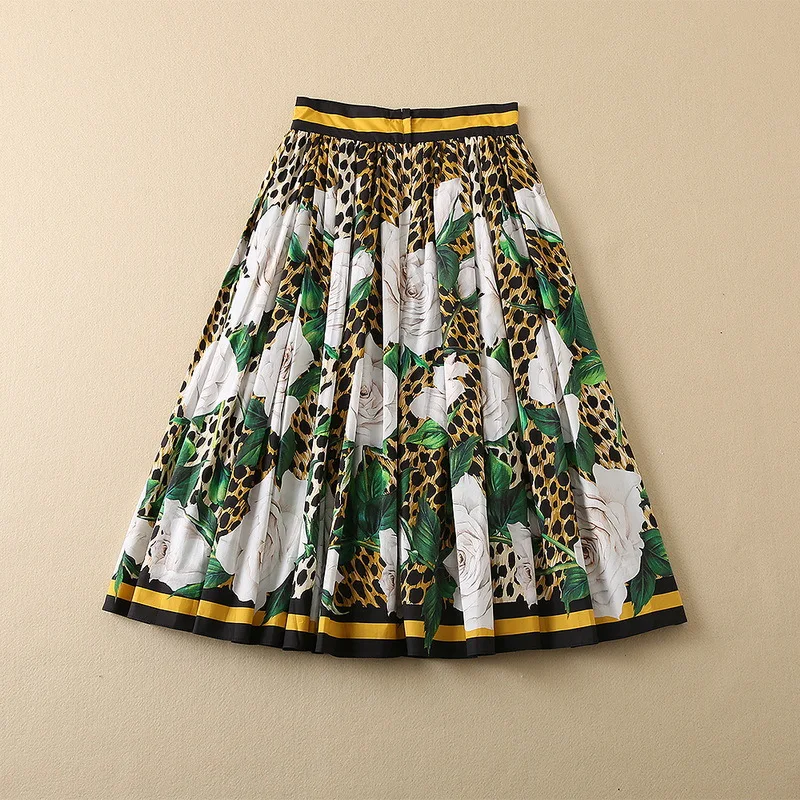 New European and American women's wear for winter 2022  Leopard print on rose flower  Fashion cotton pleated skirt