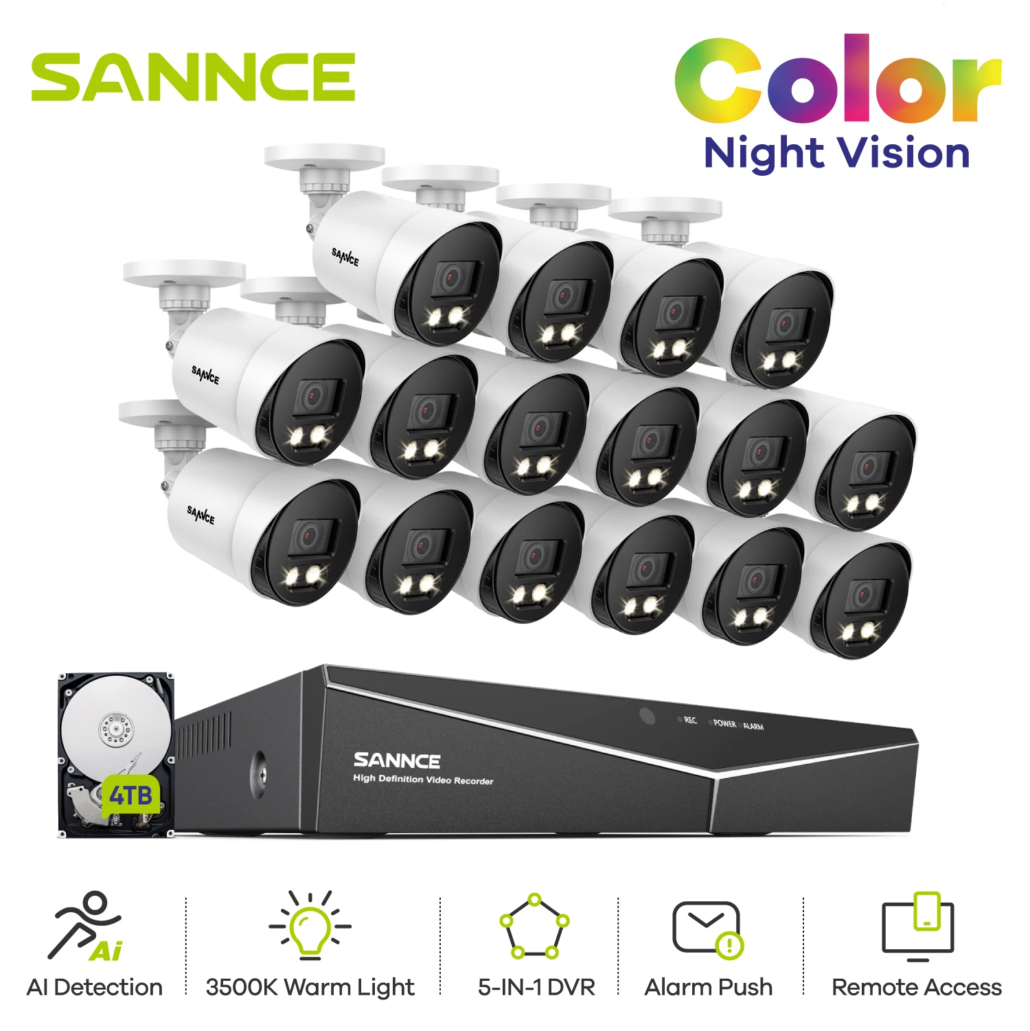 SANNCE-Sistema de videovigilancia CCTV 1080N 5 en 1, videocámara de 1080P, lente de 3,6 MM, H.264, detección humana, Noche a todo Color, IP66, 16 canales