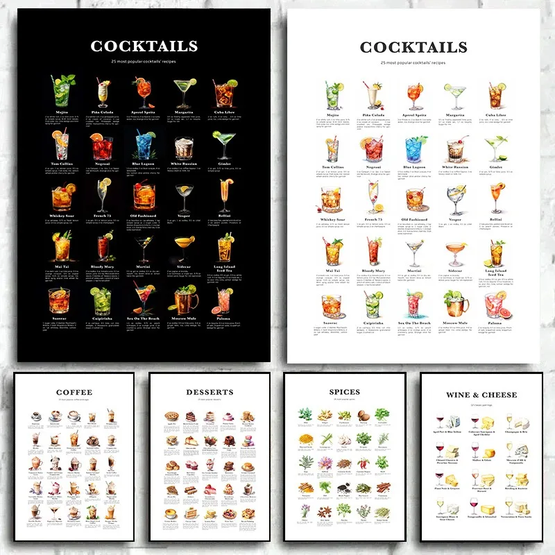 Bar Cocktails Art Prints Coffee Dessert Food Chart Posters Cocktail Prints Bar Wall Art Poster Drinks Prints for Home Decor