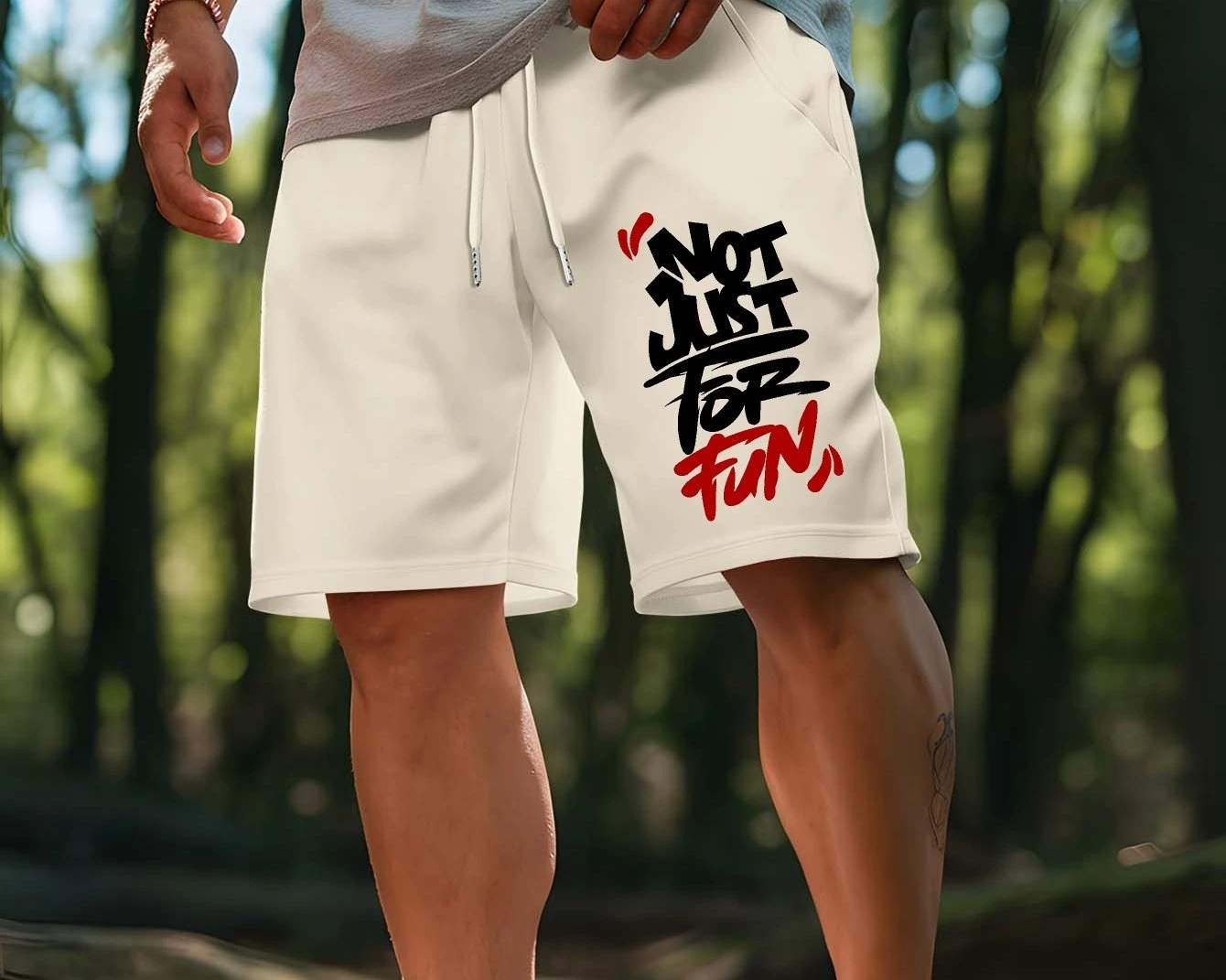 

Men's "Not Just for Fun" Pattern Shorts - Lightweight and Breathable Summer Sports and Leisure Wear, White with Red Letters