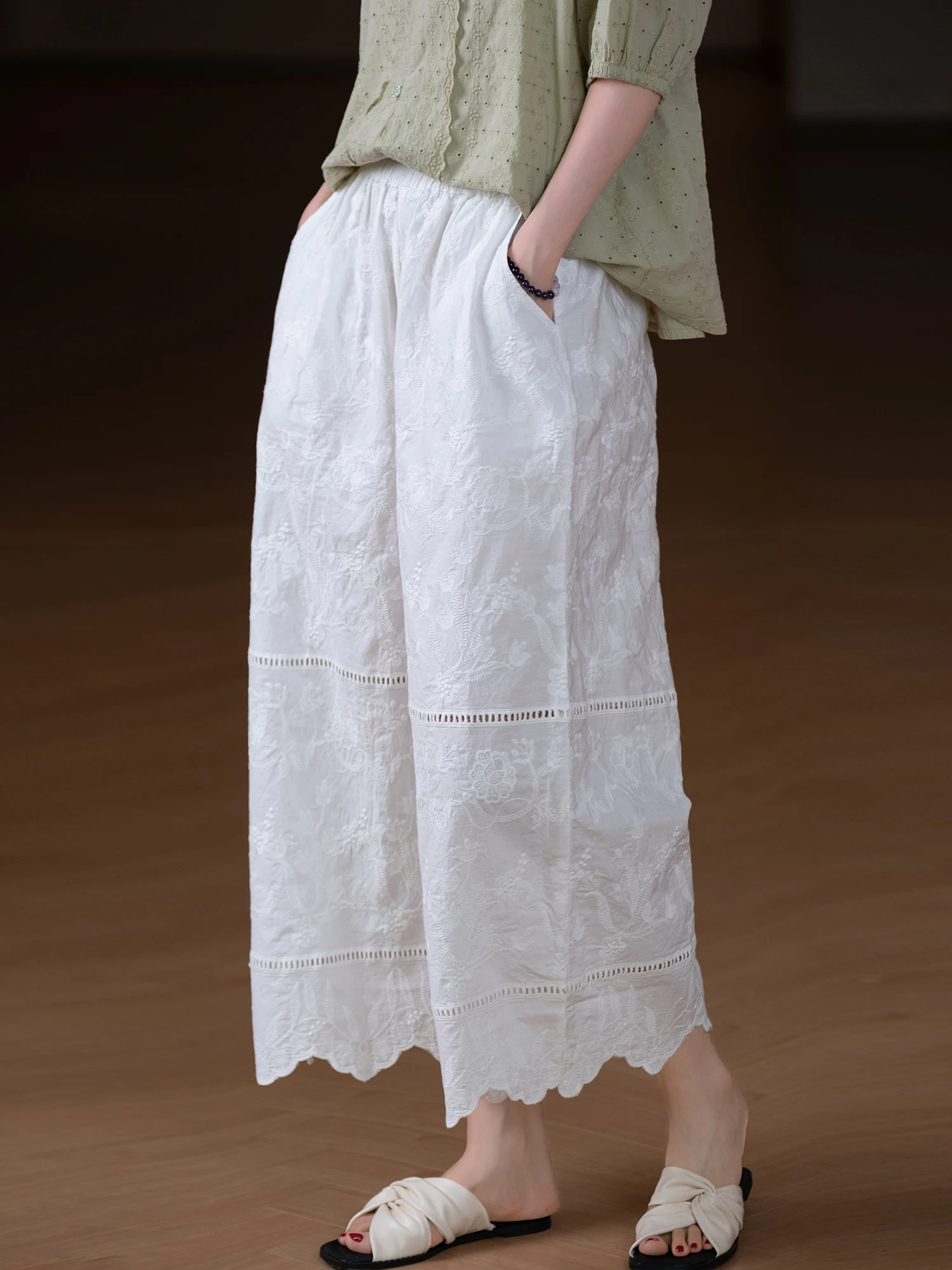 

Удобные дышащие хлопковые брюки с вышивкой, эластичным поясом, свободного кроя, прямые, повседневные, в художественном стиле