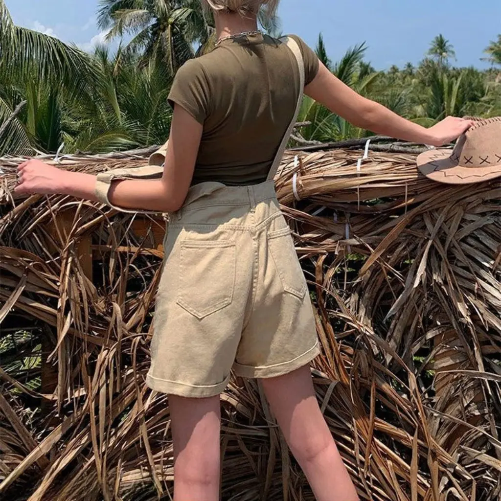 

Women's Khaki Denim Strap Shorts Celebrity Style Casual Wide Leg A-line Hot Pants Tooling Jumpsuit Curl Online Fashion