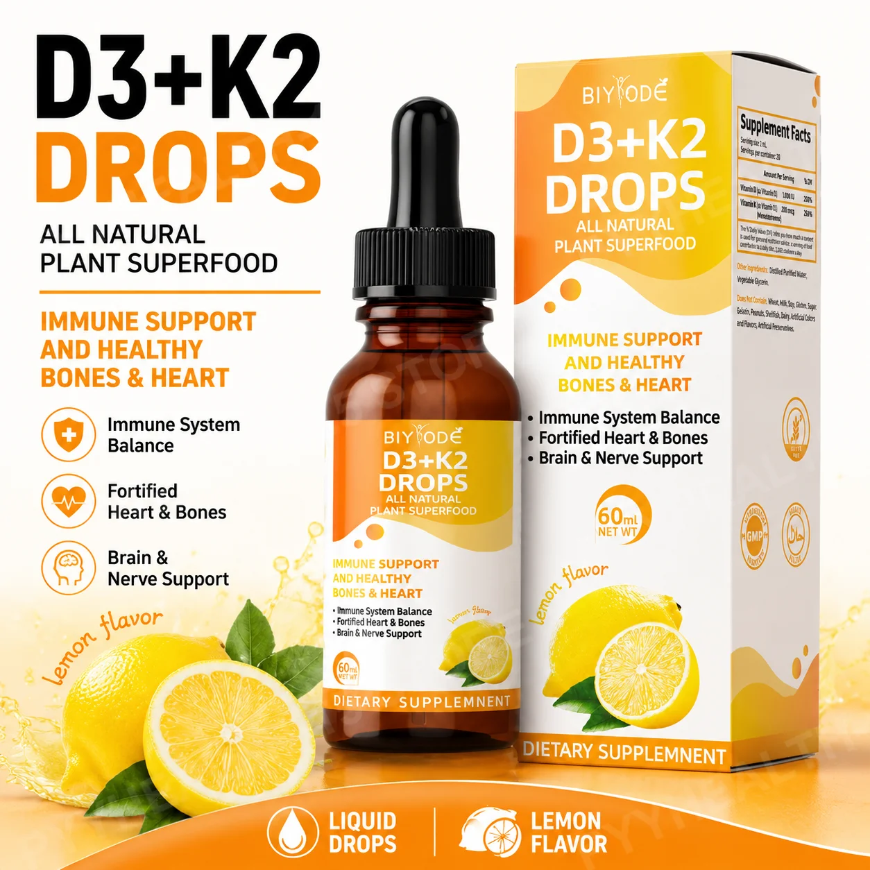 

BIYODE Vitamin D3 K2 Liquid Drops, 1000 IU D3 with K2, Lemon Flavor, Calcium Absorption and Bone Support, 60 ml, 30 Servings