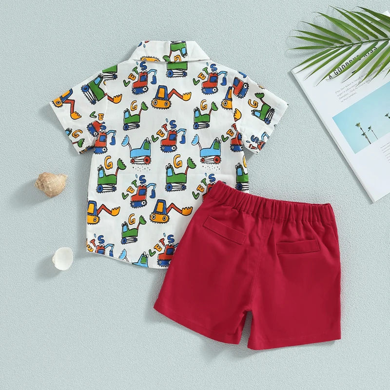 1-6Y Kids Boys Gentleman Outfits Excavator Print Short Sleeve Button Up Shirt and Elastic Shorts Summer Casual Clothes Set