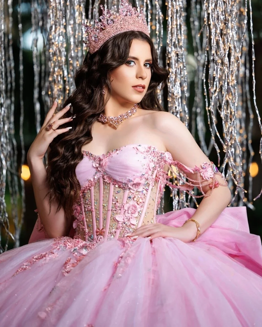 Floral Pink Quinceanera Dresses Ball Gown Off The Shoulder Appliques Beaded Sweet 16 Dresses 15 Años Customized