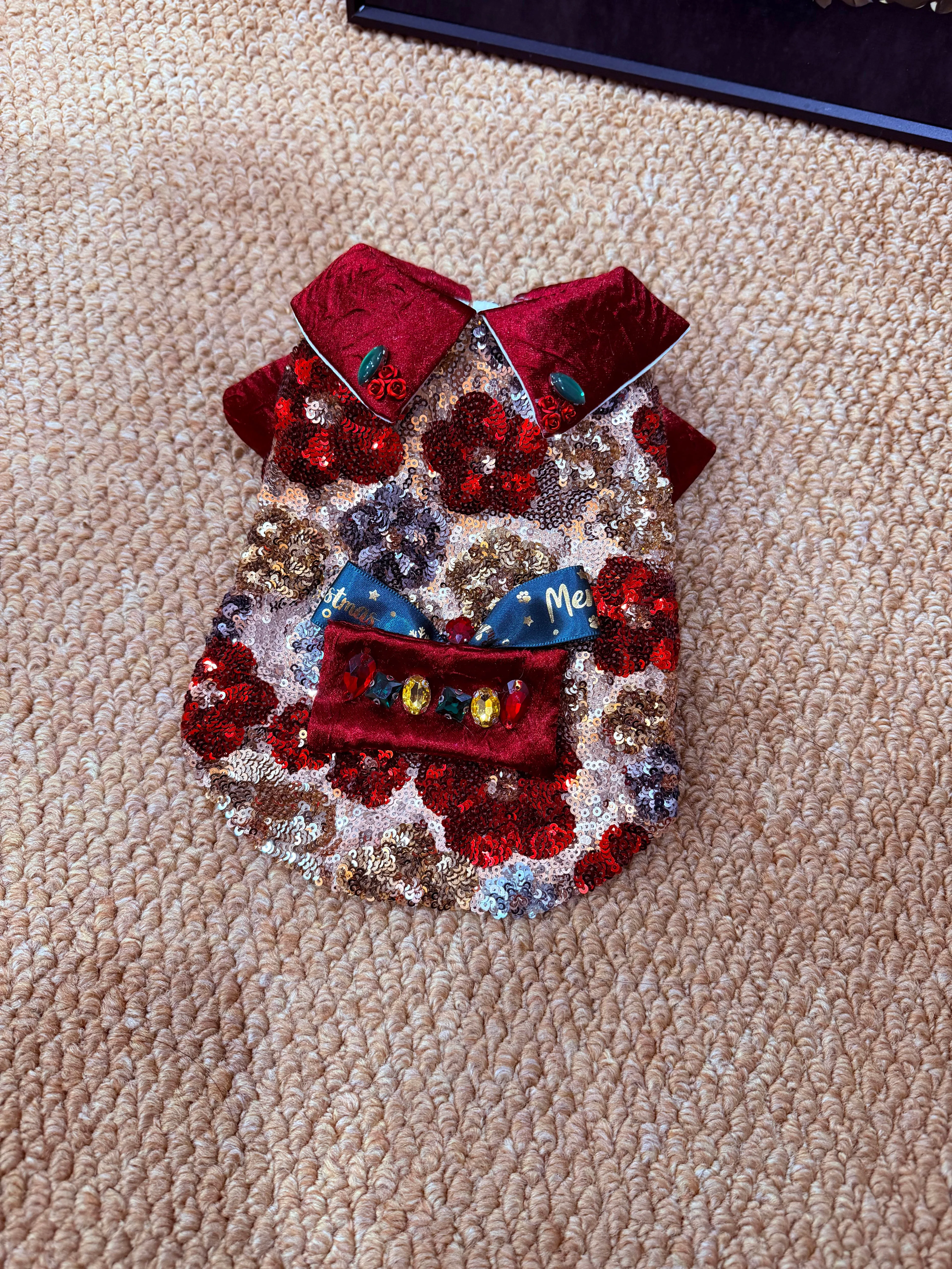 Christmas Luxury Pet Sequin Dress Red Gold Gem Decor High End Outfit for Small Dogs Cats Xmas Party Puppy Fancy Costume