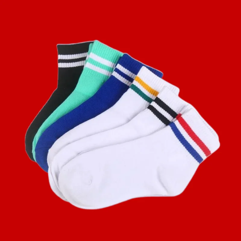 5/10 Pairs 2024 New Socks Couple Sports Leisure Breathable Cotton Socks Autumn and Winter Solid Color Two-Bar Middle-Tube Socks