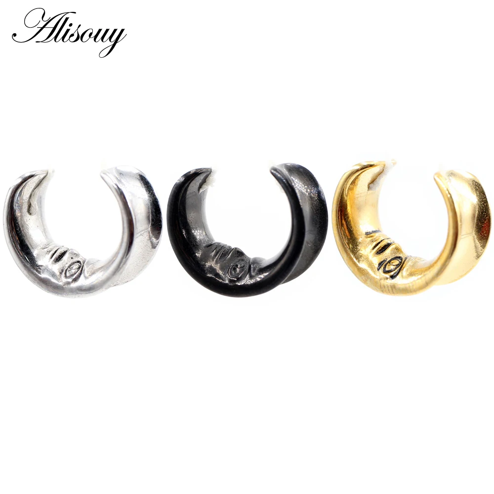 Alisouy 1pc Stainless Steel Moon Human Face Saddle Ear Tunnels Plugs Expanders Stretchers Gauges Earrings Piercing Body Jewelry