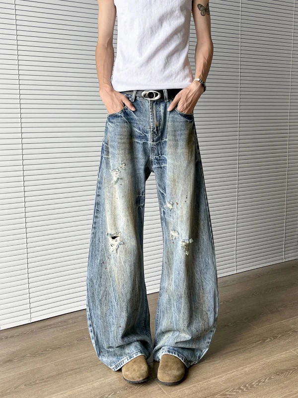 

Мужские джинсы с рваной талией, модные свободные прямые брюки, повседневные длинные брюки в американском стиле, молодежные прямые джинсы