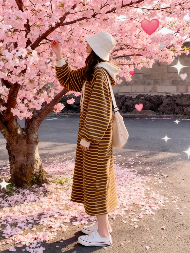 

autumn/winter women's casual style drawstring dress American retro spicy girl striped long sleeved hooded sweatshirt long skirt