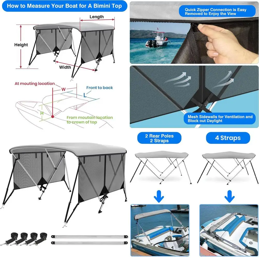 

Тент-бимини с 3 дугами, сетчатыми боковинами, 4 ремнями, 2 опорами и сумкой для хранения для лодок шириной 67-72 дюйма (серый)