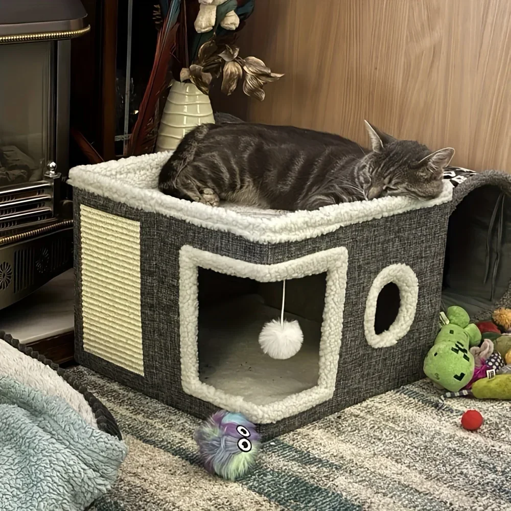 

Luxury Double-Layered Cat Bed - All-Season Enclosed Nest with Sisal Scratching Board & Non-Slip Base, Includes Mat - Grey