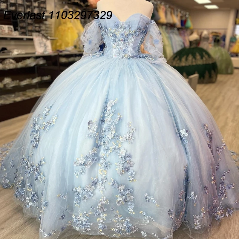 EVLAST 2024 Blue Quinceanera Dress Ball Gown 3D Floral Applique Beading Off Shoulder Corset Sweet 16 Vestido De 15 Anos TQD492