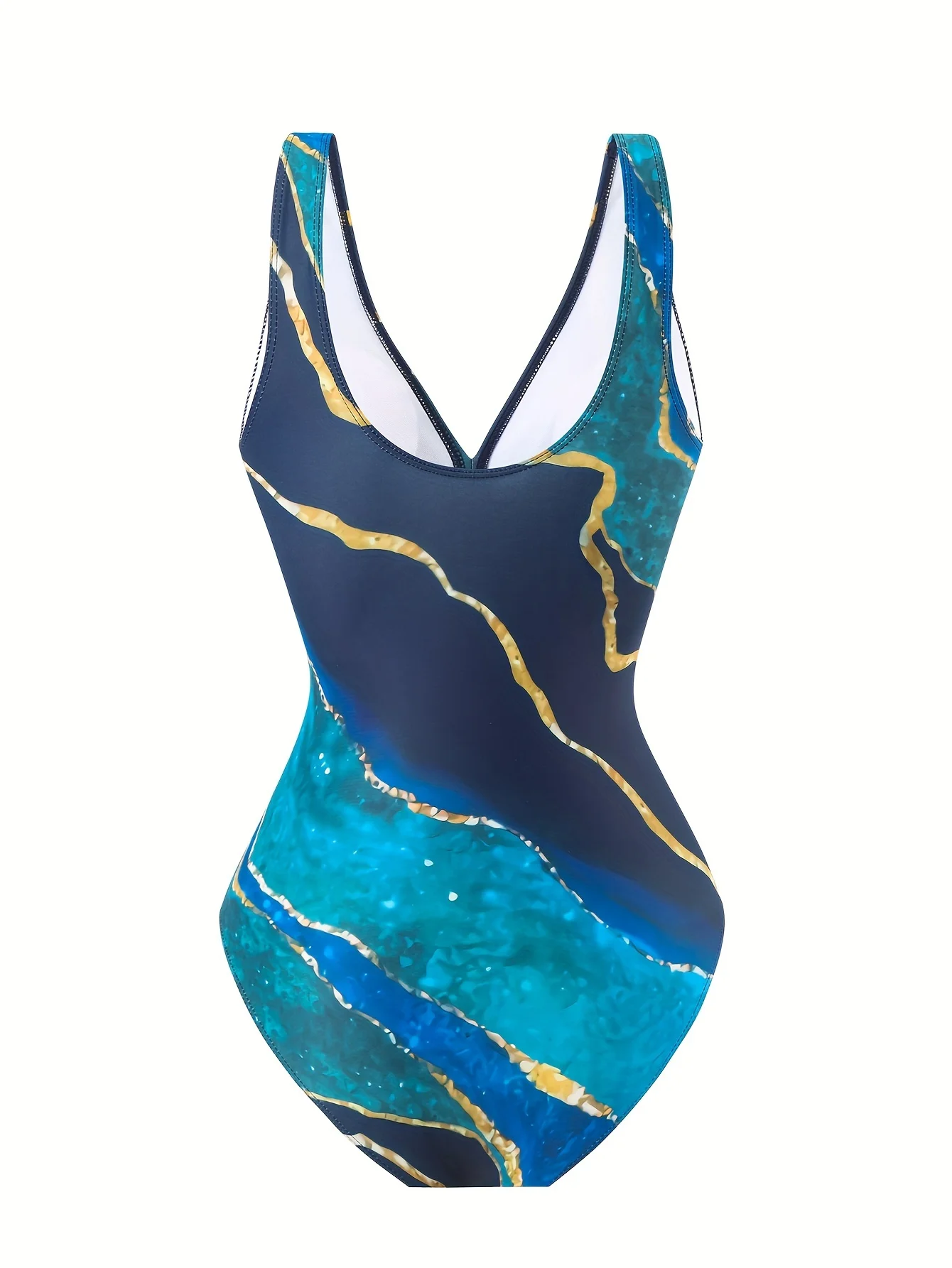 [High Stretch] Maillots de bain 2 pièces imprimé marbre – Col en V une pièce hautement extensible et jupe pare-soleil de couverture – Maillots de bain pour femmes