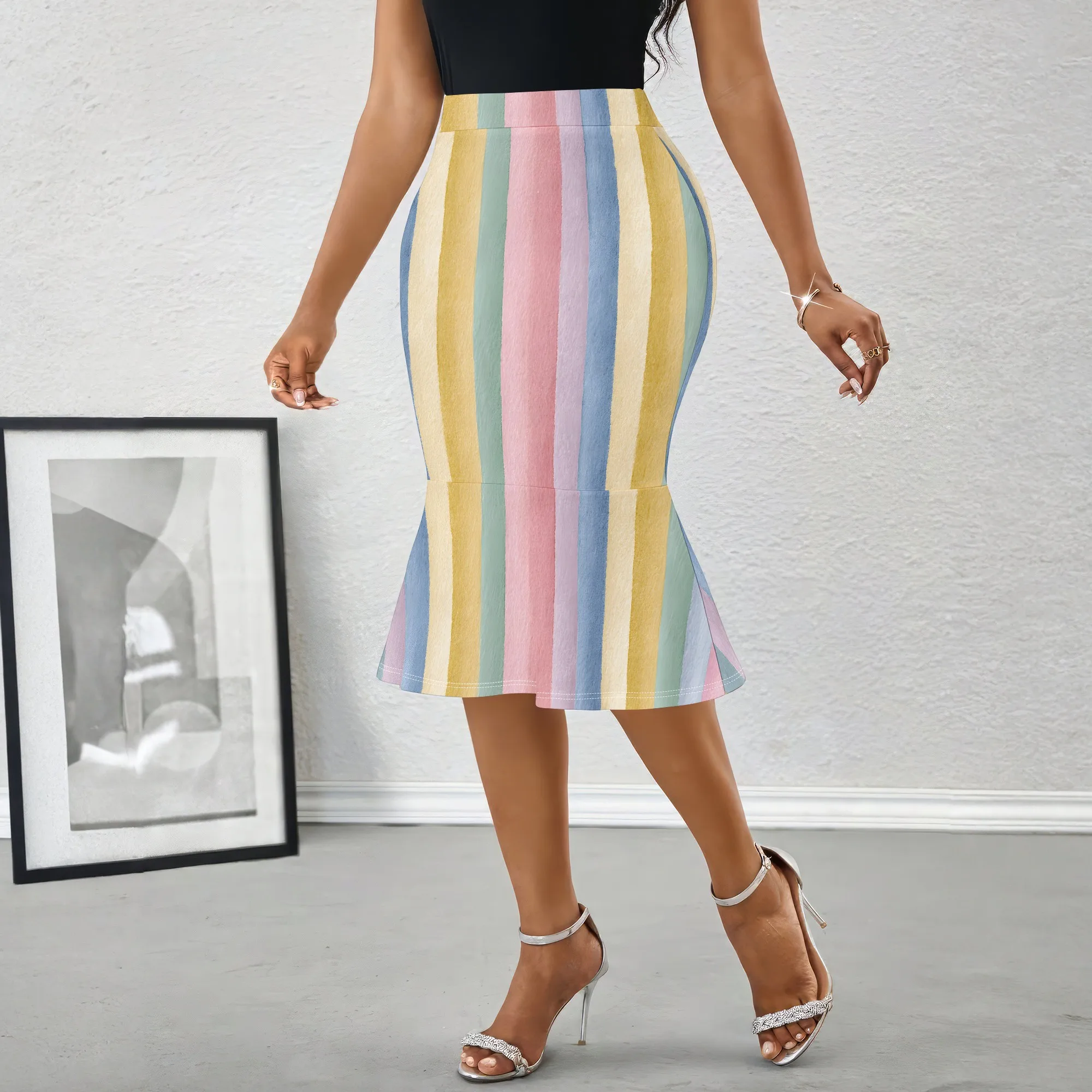 Colorful Striped Skirt, Pastel Stripe Pencil Skirt, High Waist Fishtail Hem Skirt, Office Party Wear for Women, S-2XL