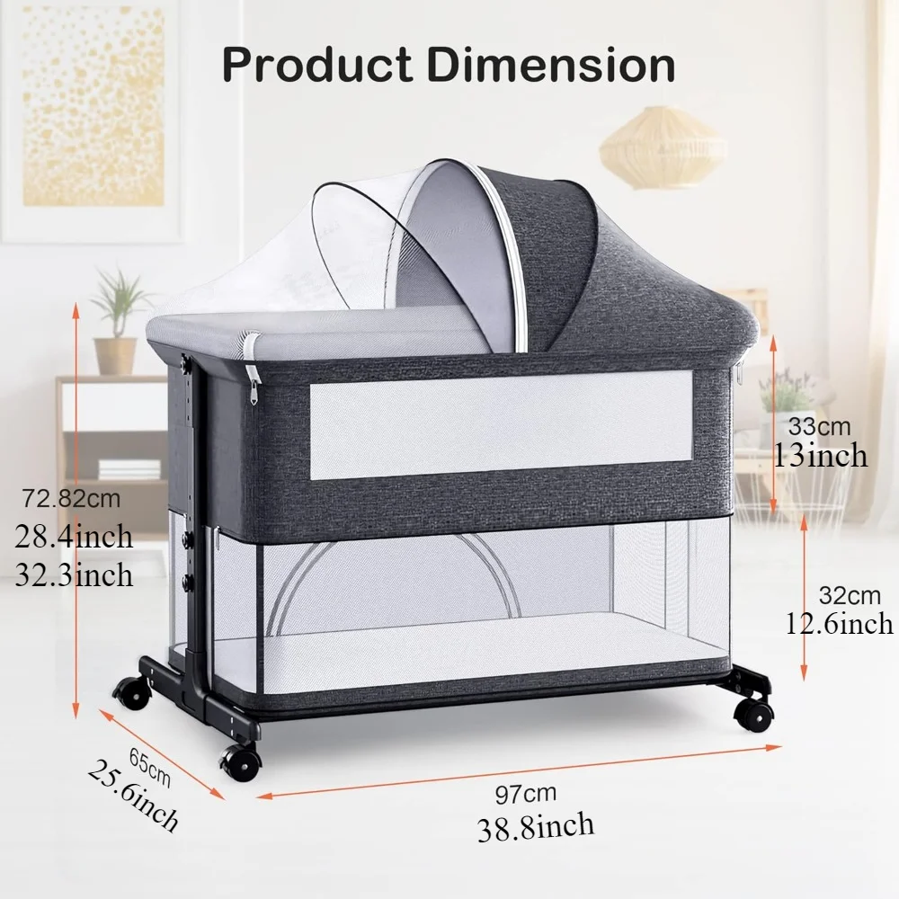 Baby Crib 2 in 1 Bedside Crib Baby Playpen Adjustable Height Rotatable Wheels Cozy Mattress Mosquito for Newborn Baby Infants