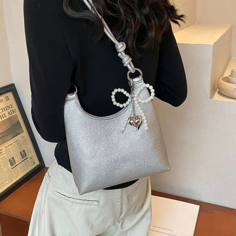 South Korean Niche  Underarm For Women's 2024 Summer New High-End Texture Single Shoulder Bag, Silver Crossbody Bag