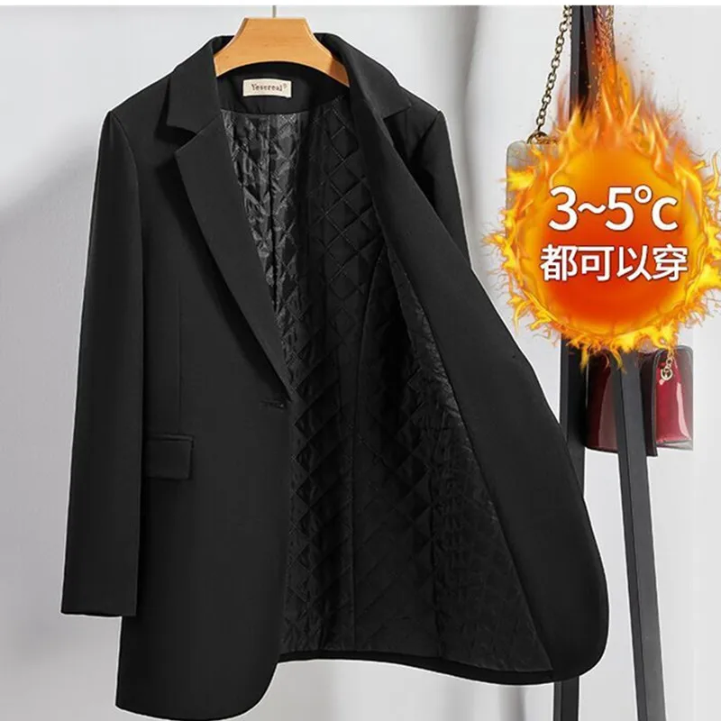 

New Oversized Women Blazers Autumn Winter Office Lady Pocket Blazer Jackets Black Suit Coats Cotton Thicken Casual Outwear