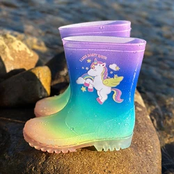 Kids’ Outdoor Cute Cartoon Rainbow Unicorn Glitter PVC Rain Boots - Waterproof Anti-slip Water Shoes - Wear-Resistant, Easy to