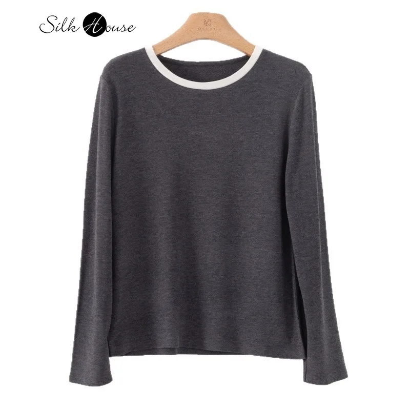 

Collar Contrasting Color Simple Fashionable Round Neck Knitted Sweater Gentle Casual Commuting Loose Long Sleeved Base Shirt