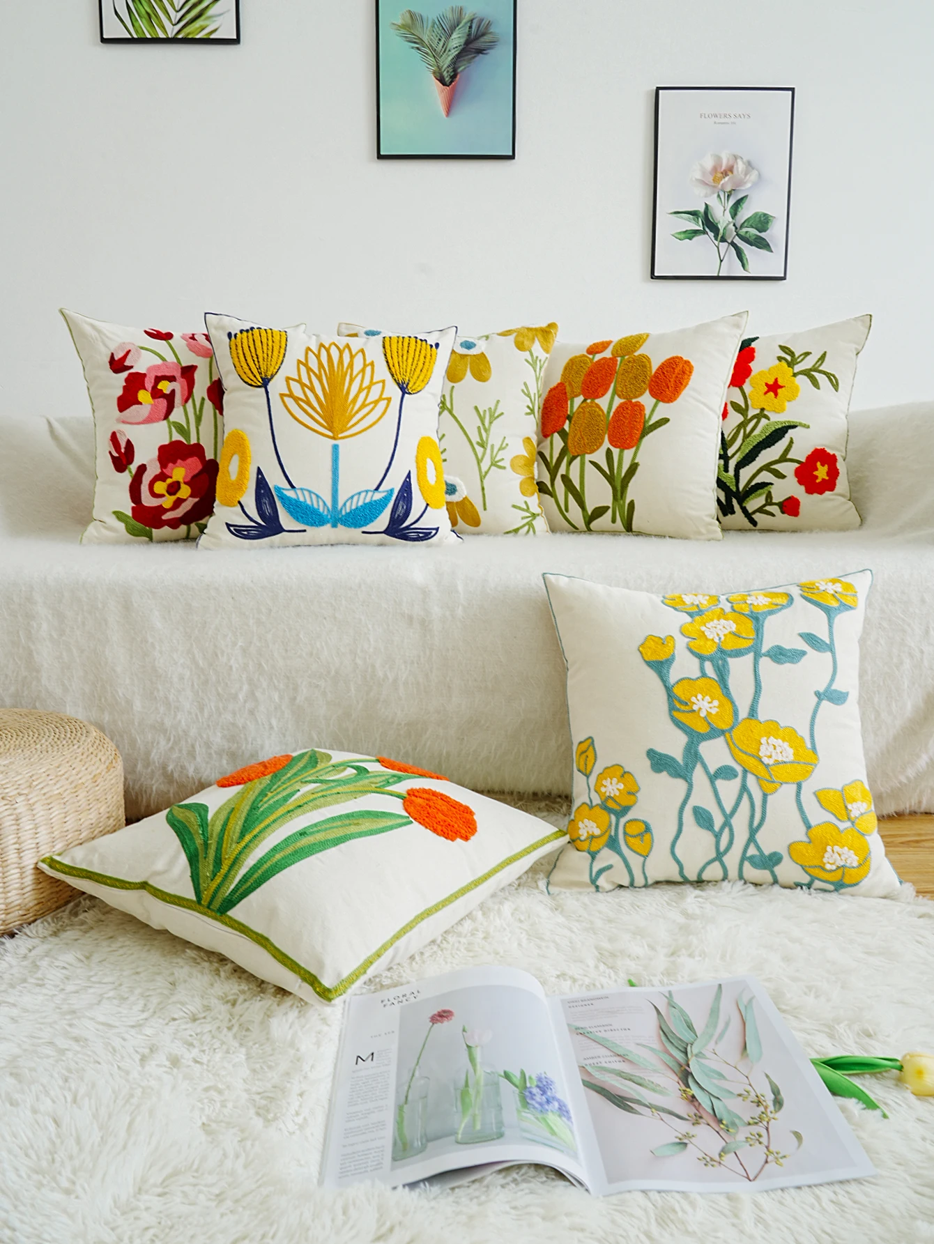 1pc Plant Flower Pattern Embroidered Polyester Cushion Cover  For Home Decor Without Core 45cm*45cm