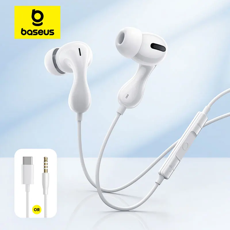 Baseus Encok CZ20 Earphone berkabel, Earphone kabel tipe-c/3.5mm Jack Hi-Res Audio dengan Mic berkabel untuk Laptop komputer Tablet