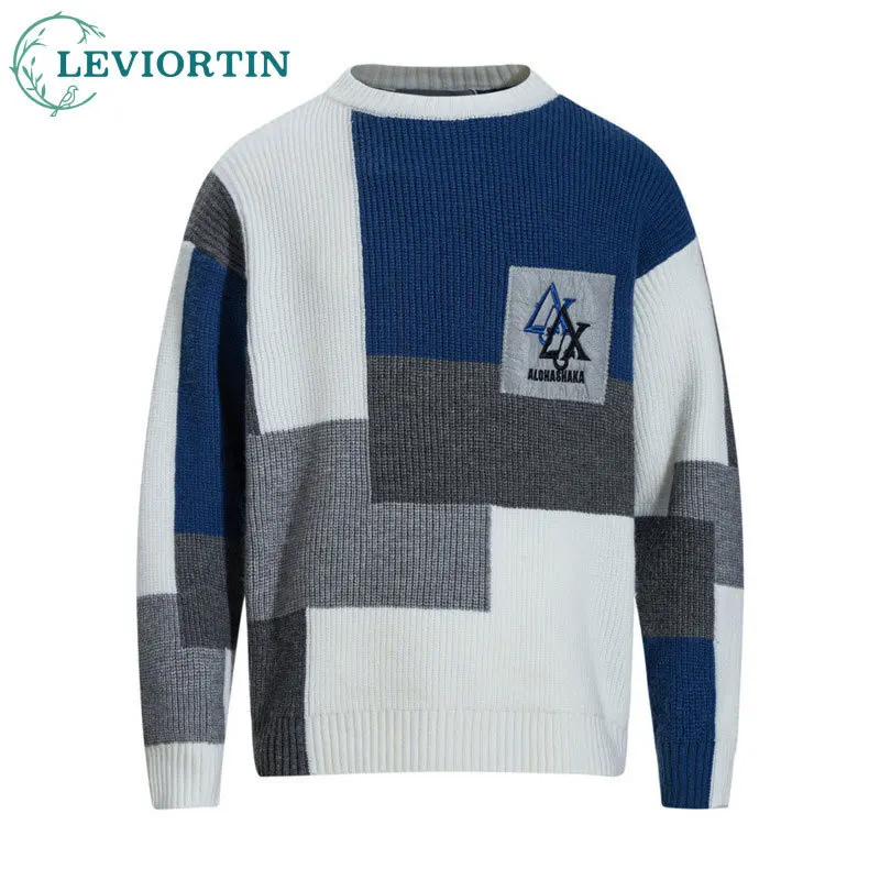 

Мужской осенне-зимний модный трендовый дизайн, нерегулярный контрастный жаккардовый вязаный свитер с длинными рукавами и круглым вырезом