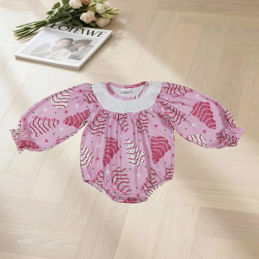 

10.2 Baby Girls Winter Rompers Pink Stripe Trees Stars Christmas Ruffle Sleeve Rompers