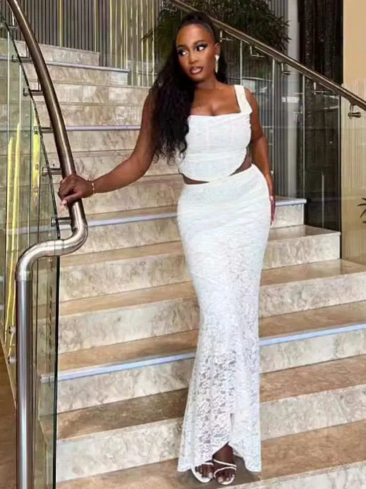 

2025 New Women White Lace Slim Vest Long Skirt Set Sexy Backless Sleeveless Lace Up Top Fishtail Set Chic Lady Party Wear Outfit