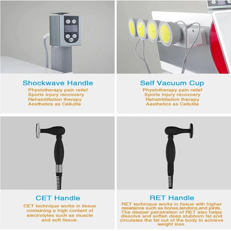 Máquina de fisioterapia por ondas de eletrochoque para estimulação muscular, eletroterapia RET/CET, transferência de energia capacitiva e resistiva