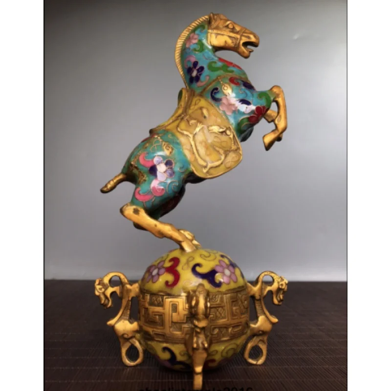 Chinese  Qing Dynasty  Pure copper  Cloisonne  Horse  Step on the ball  statue