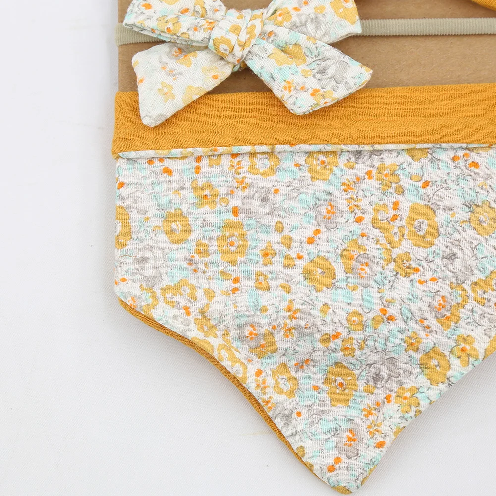 3Pcs/Set Muslin Cotton Baby Bib Bow Headband Adjustable Button Triangle Saliva Towel Print Infant Boy Girl Feeding Burp Cloth