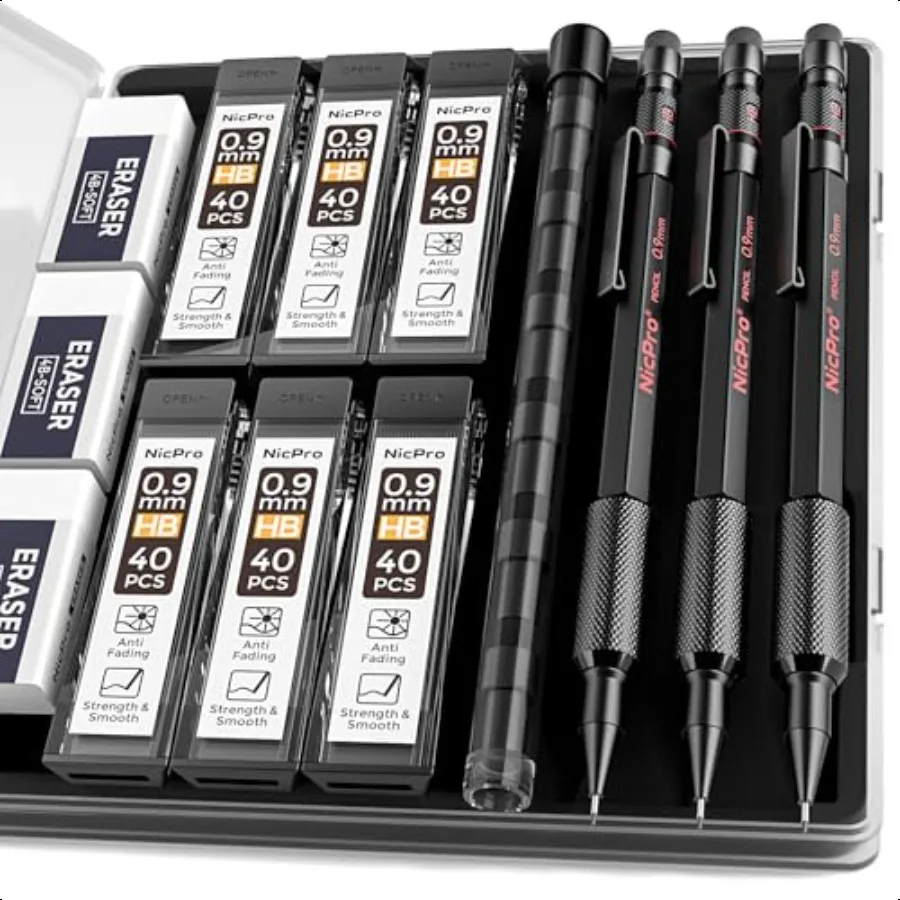 

Набор металлических механических карандашей 0,9 с футляром, 3 шт. Карандаш Hevey Duty MP2000 с 6 трубками, стержни HB, ластики 0,9 мм Weatherp