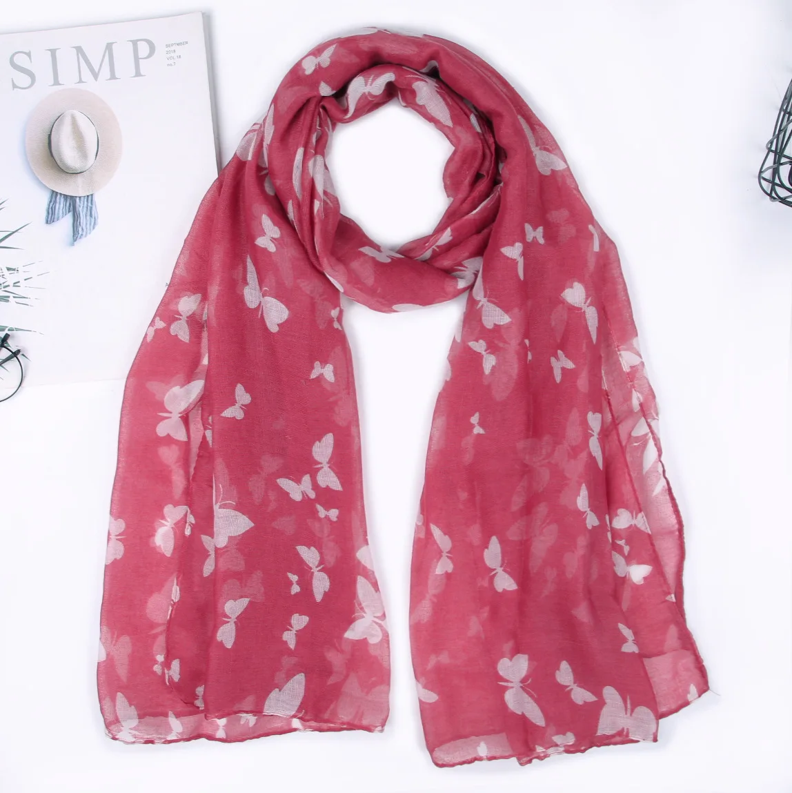 New Butterfly Print Scarf Wholesale Scarves Fashion Cotton and Linen Blend Thermal Shawl Woman Wrap Lady Headband