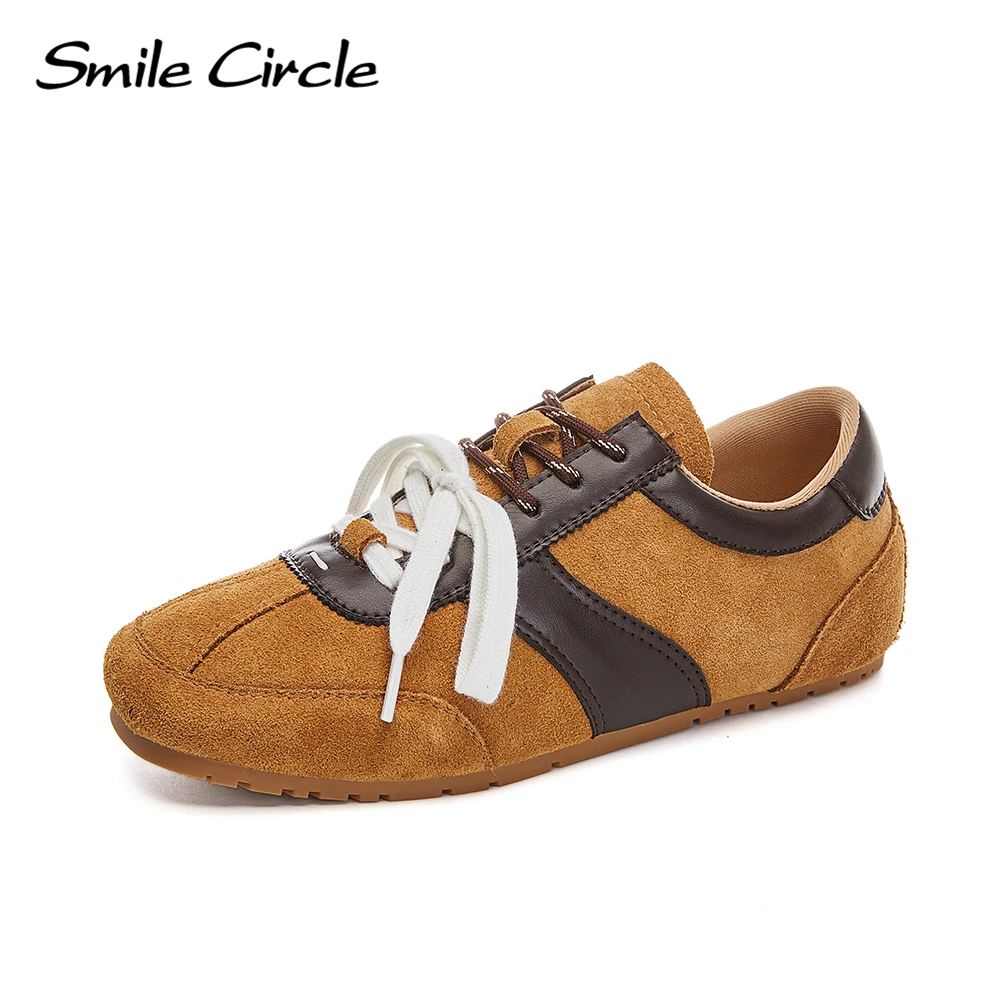 Smile Circle Sneakers Women Suede Leather Trainers Solid Color Leopard Print Flats Lace Up Casual Sneakers