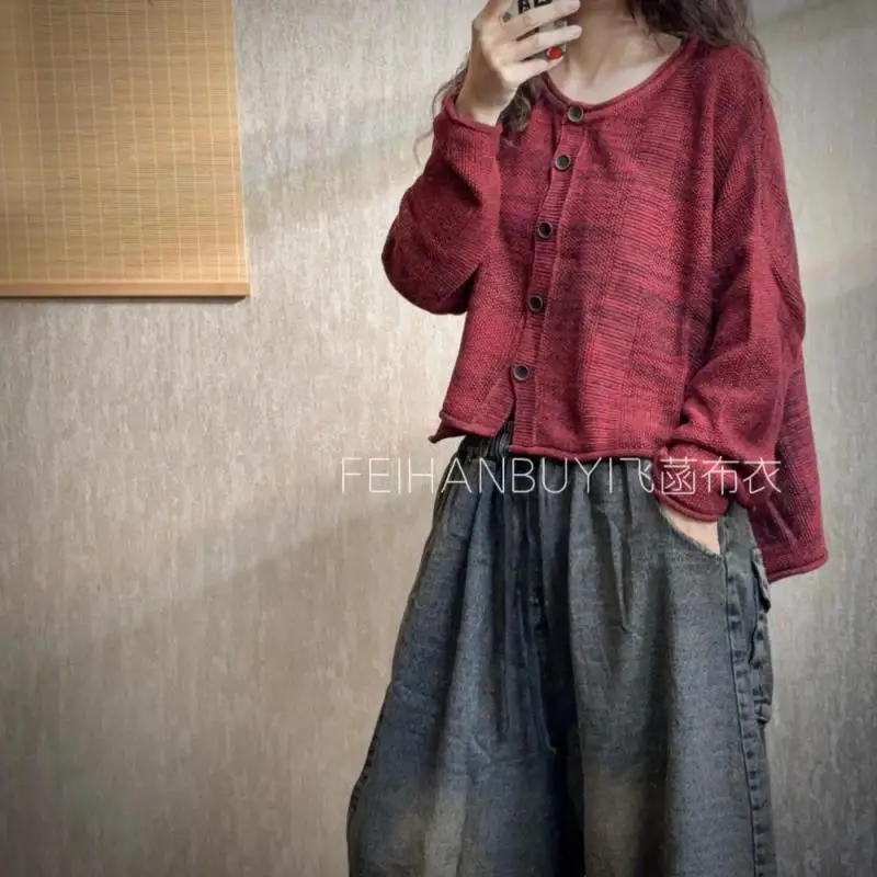 Spring Autumn Arts Style Women Single Breasted O-neck Loose Knitting Cardigan Long Sleeve Vintage Short Sweater Good Quality