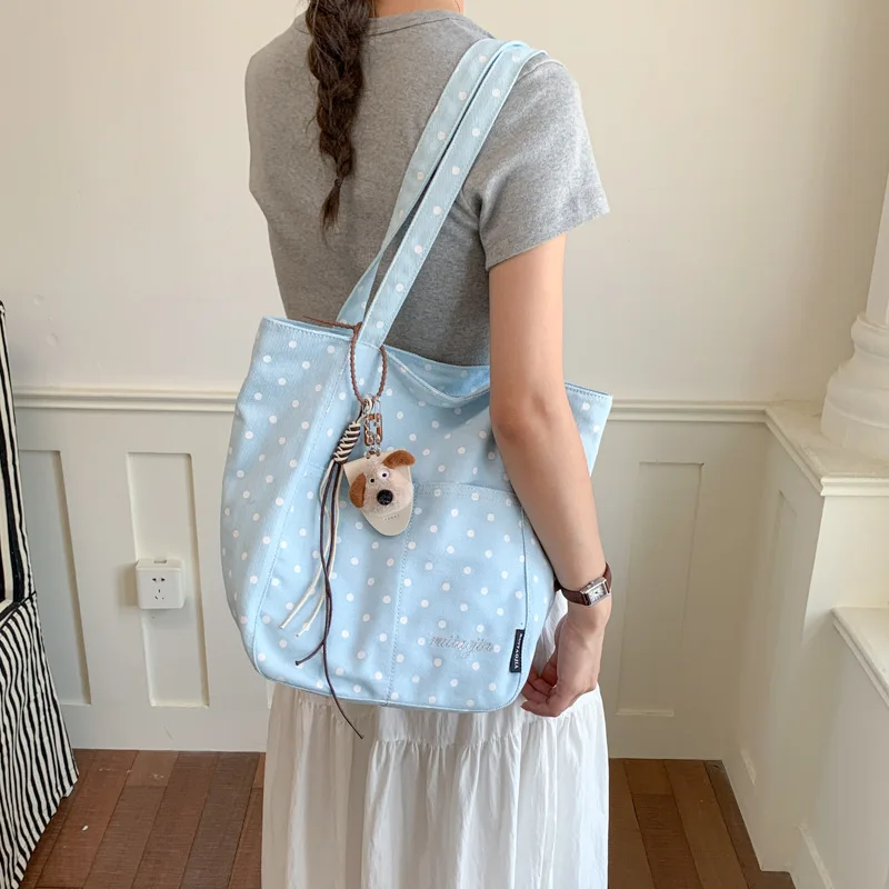 Polka Dot Canvas Bag for Women, Summer Large Capacity Student School Handbag, Versatile Casual Shoulder Commuting Tote Bag