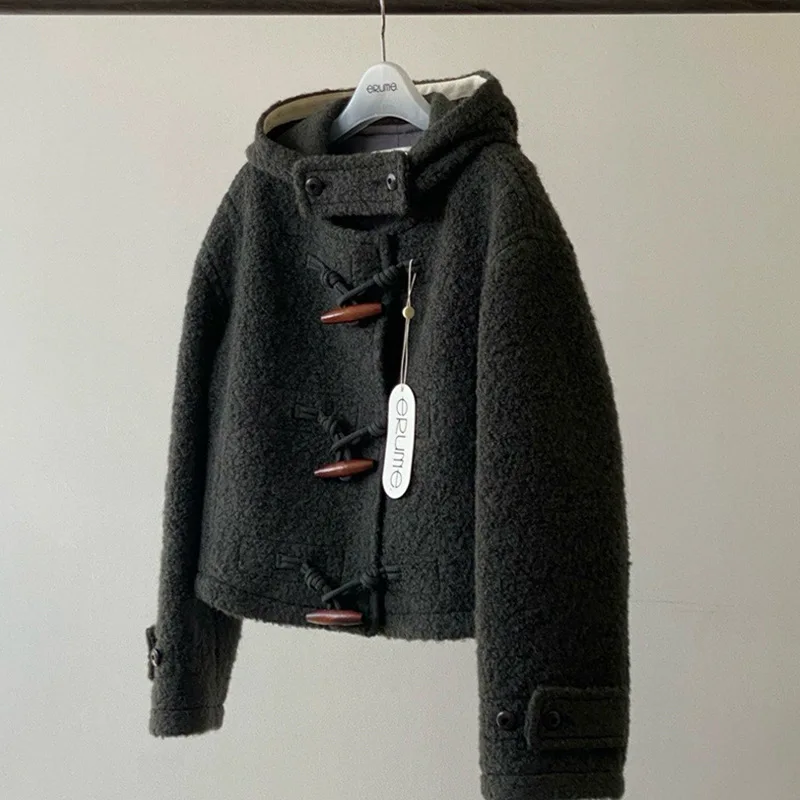 Winter 2024 new horn buckle hooded texture wool coat short coat women