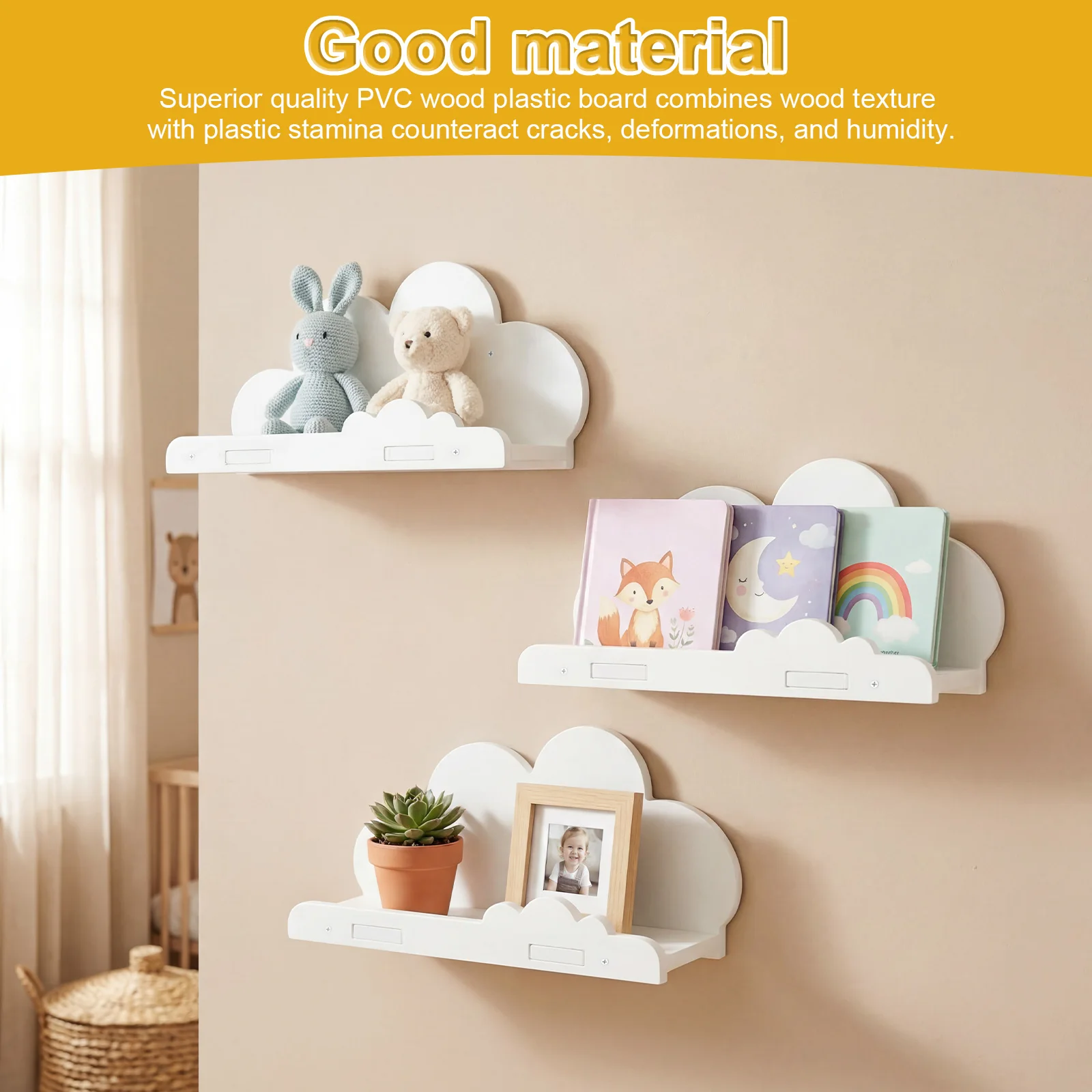 3 Pcs Cloud Shape Floating Shelf Wall Mounted Storage Shelf Wooden Toys Books Organizer Racks with Screw for Living Room Bedroom - view 5