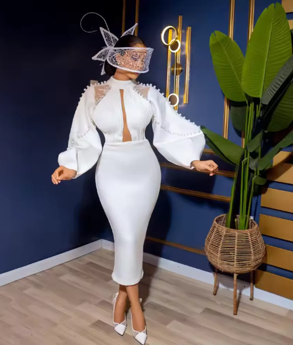 Arabic 2024 Short Wedding Dresses Pearls High Neck Customized Bridal Gowns African Vestidos robes de soirée for Bride