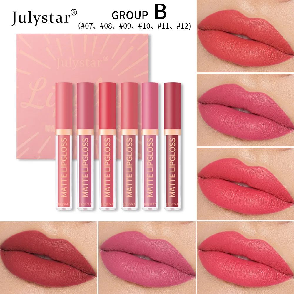 Julystar-マットな口紅リップスティックセット,女性用化粧品,リップグロス化粧品,色あせない,表面,耐久性,2つのスタイル,ボックスあたり6個