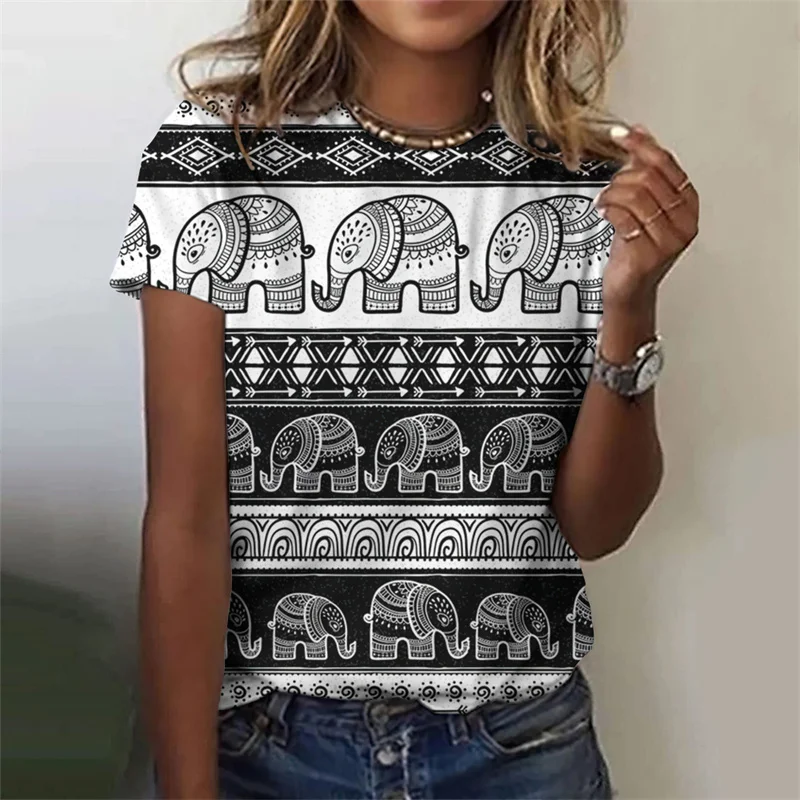 Camiseta con estampado 3D de elefante étnico para mujer, Camisetas estampadas de animales Vintage, camisetas informales de verano con cuello redondo, camisetas holgadas de manga corta