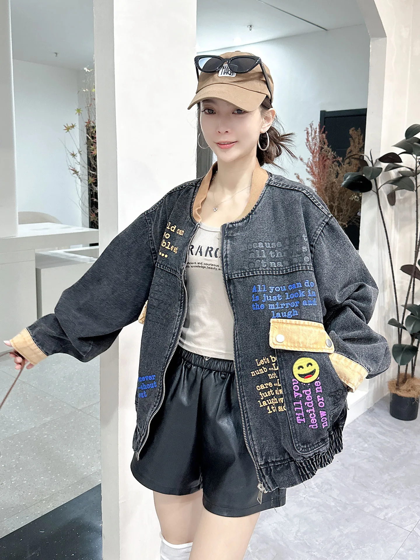 

Ele Embroidered Loose Baseball Jaet Women's Denim Outerwear Casual Sle Cotton Long Sve Zipper Closure Daily Wear