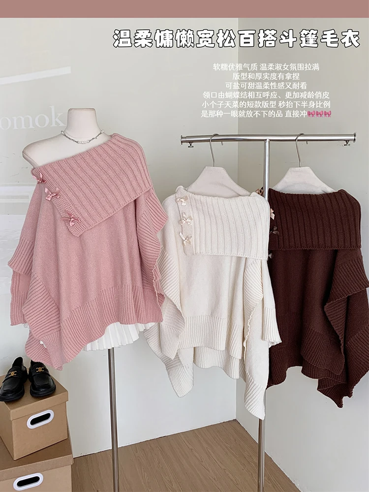 

Autumn and Winter Lazy Style Loose Cape Sweater Women's Casual Pullover Elegant Sweet Bow Design Slash Neck Top