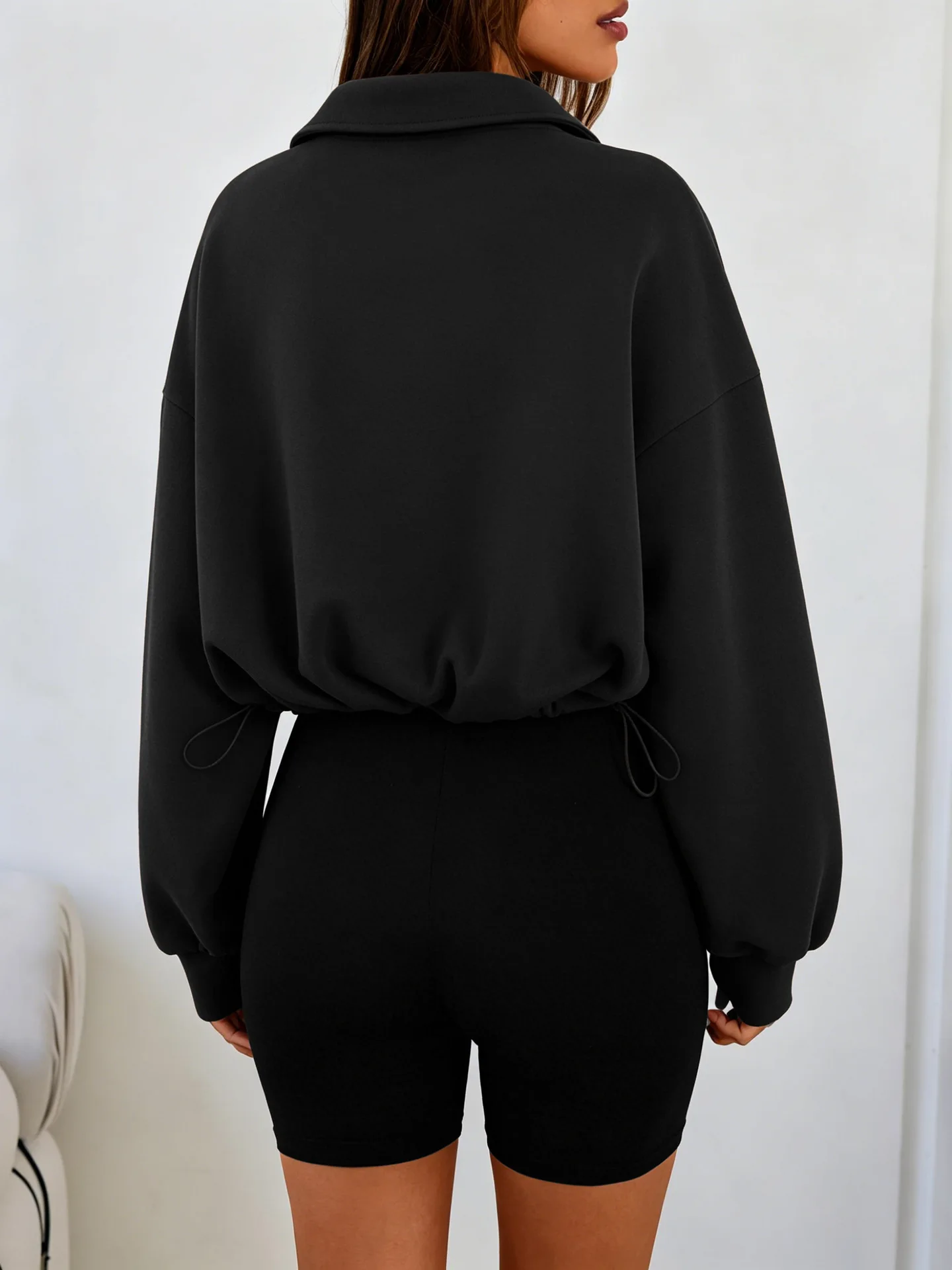 Women Half Zip Sweatshirt Cropped Pullover Oversized Long Sleeve Drawstring Hem Hoodie Y2K Athletic Sportswear
